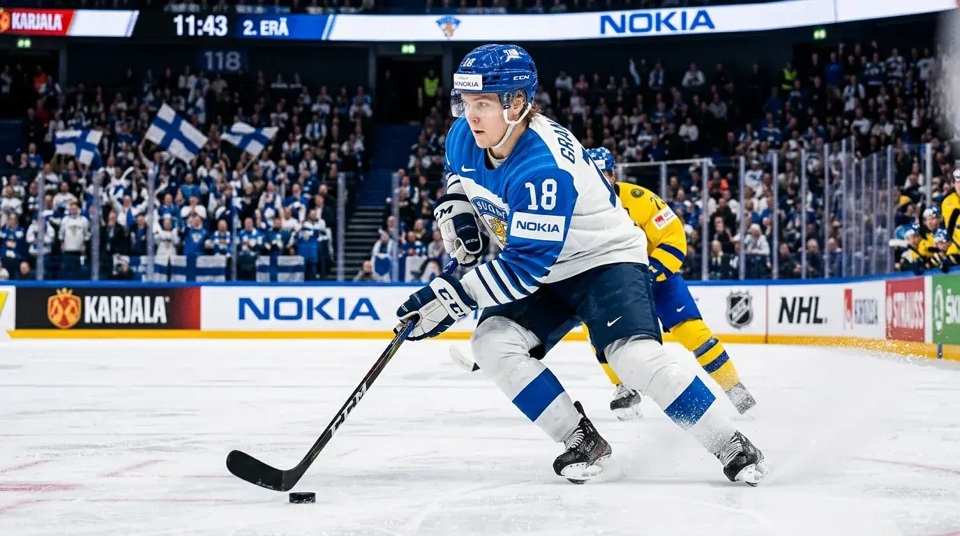 Suomalainen NHL-pelaaja jäällä jääkiekko-ottelussa